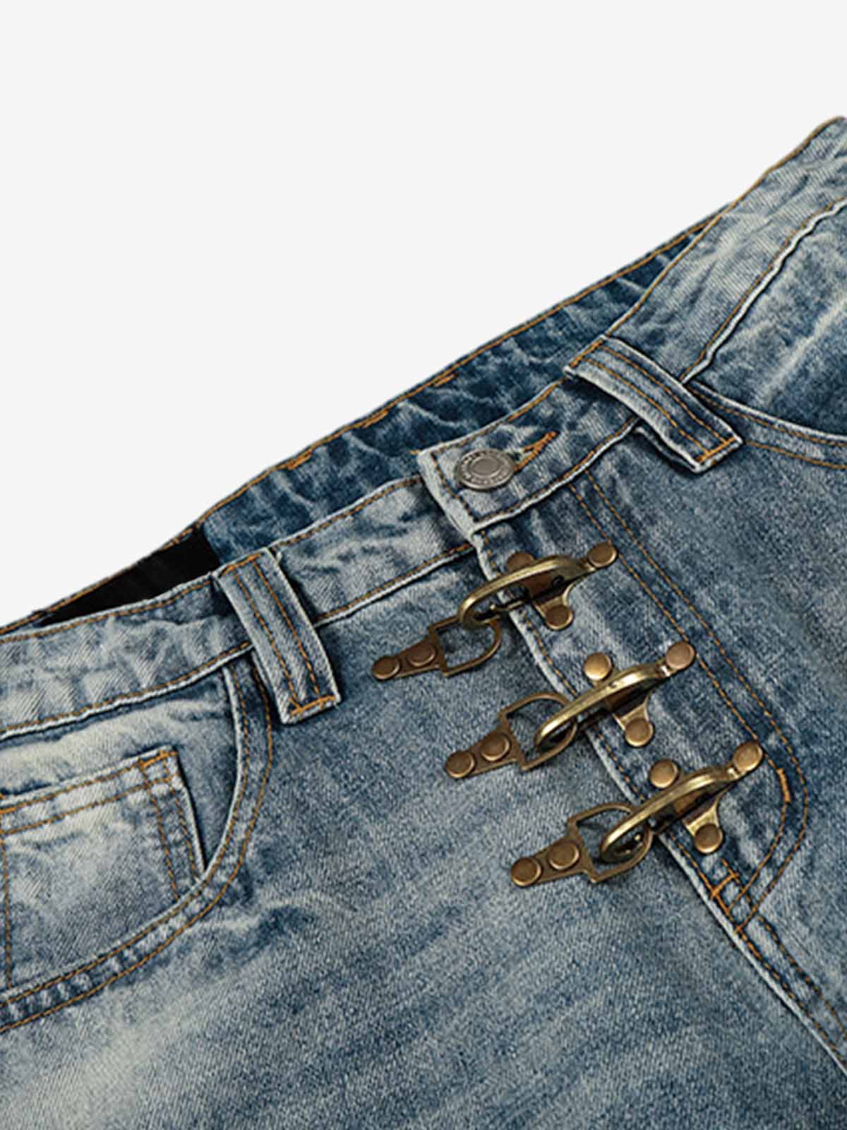 Washed Metal Hook Front Design Barrel Jeans - Image 4
