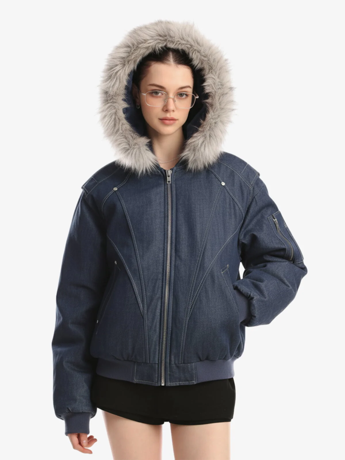 Washed Patchwork Contrast Bomber Jacket - Image 4