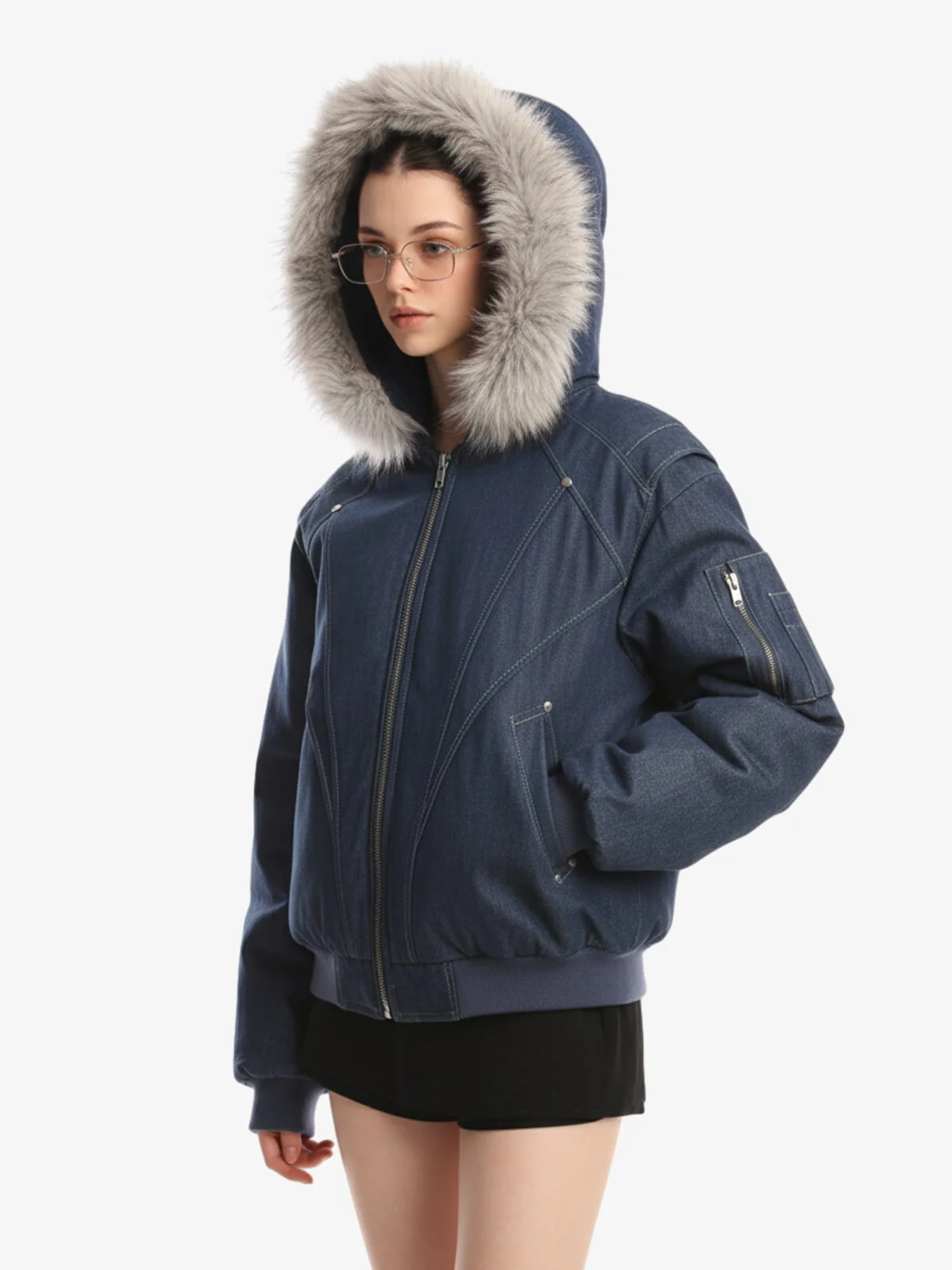 Washed Patchwork Contrast Bomber Jacket - Image 5