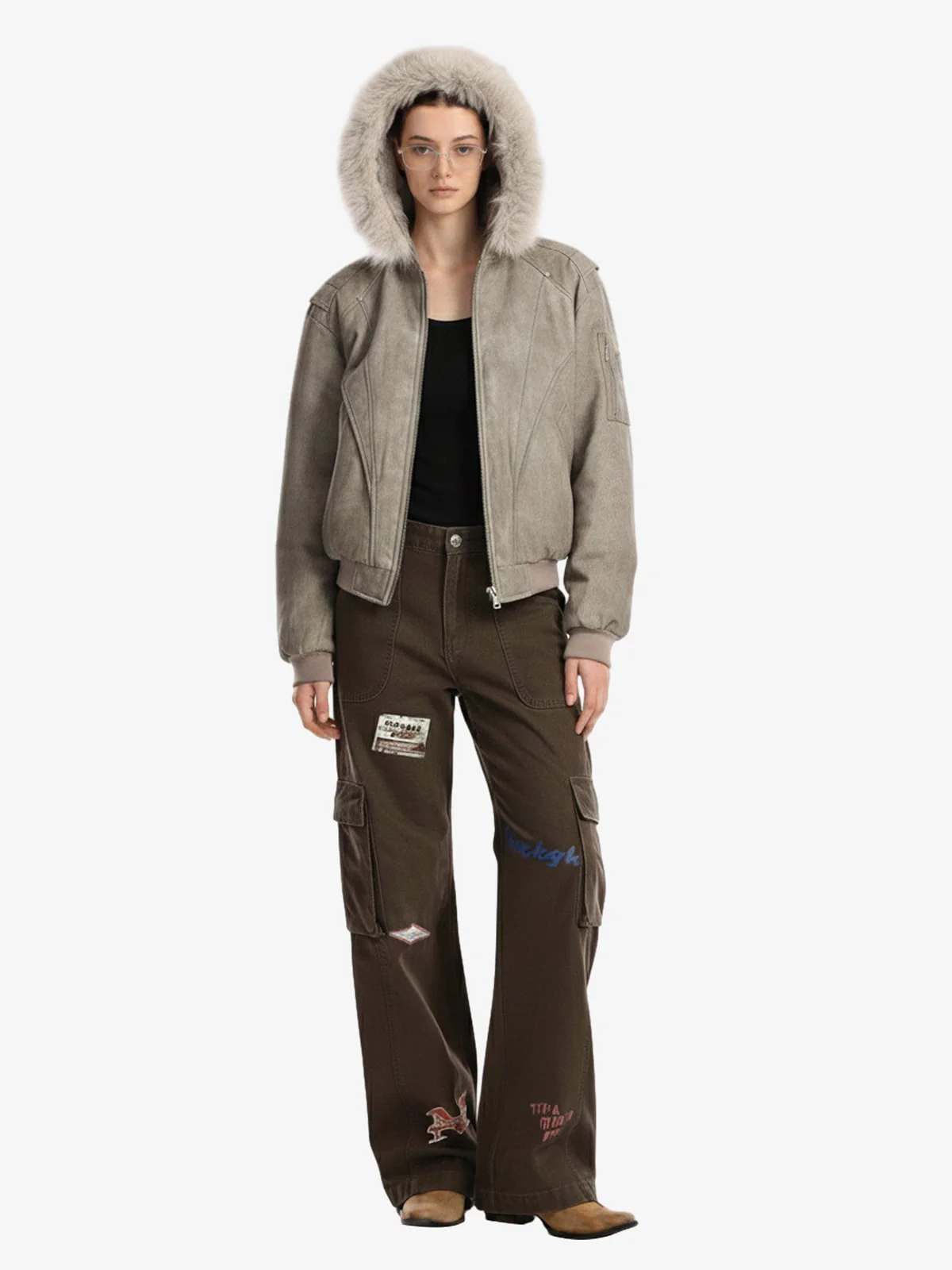 Washed Patchwork Contrast Bomber Jacket - Image 8