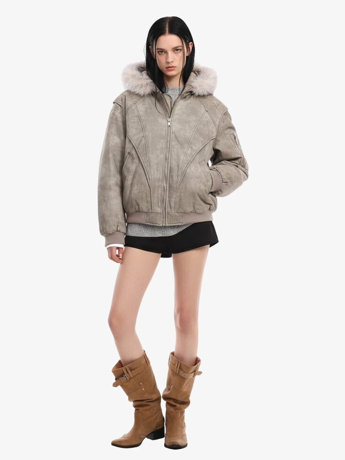 Washed Patchwork Contrast Bomber Jacket - Image 9