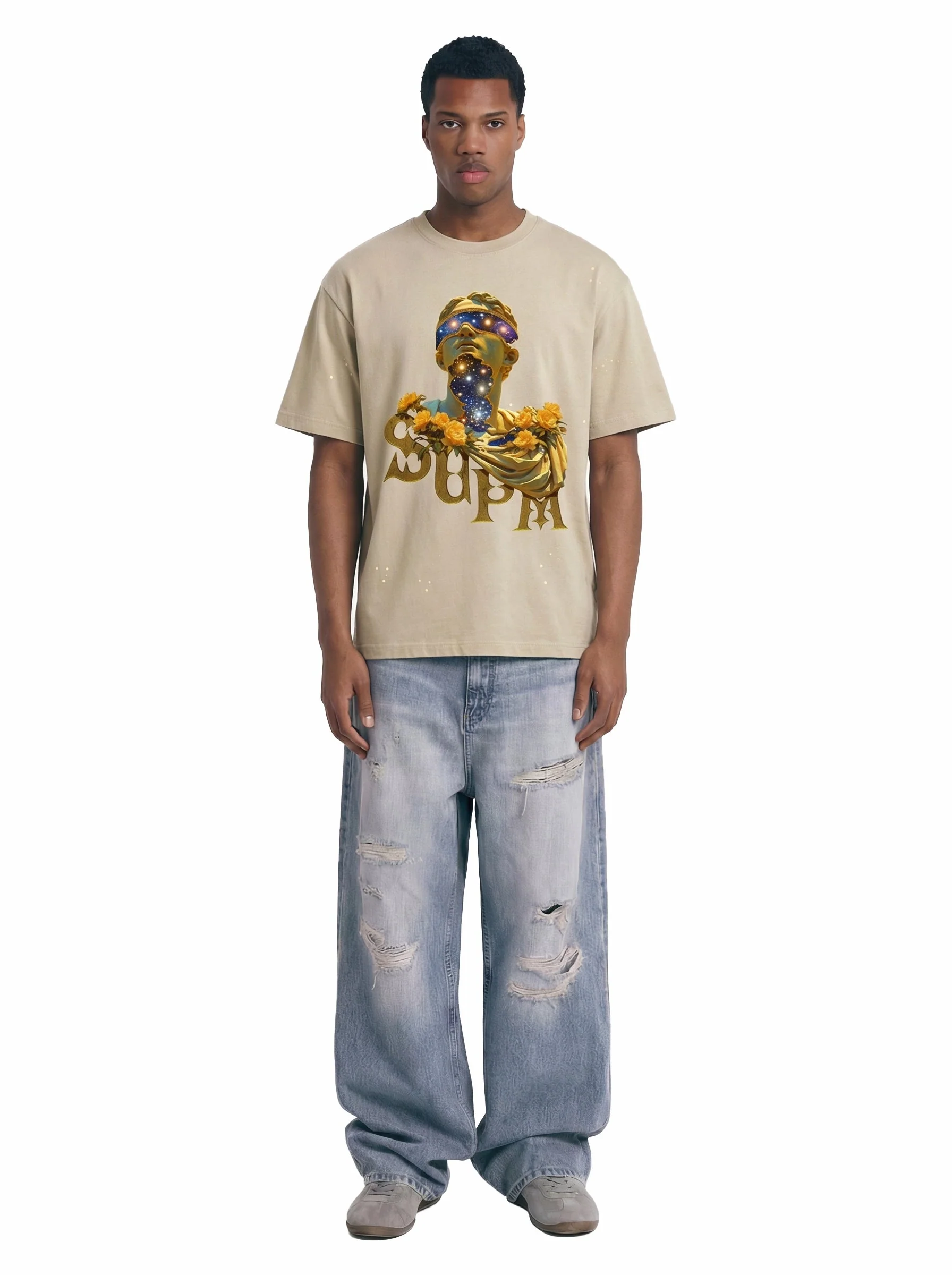 Washed Splash Ink Cosmic Statue Print Galaxy Art T-Shirt - Image 4