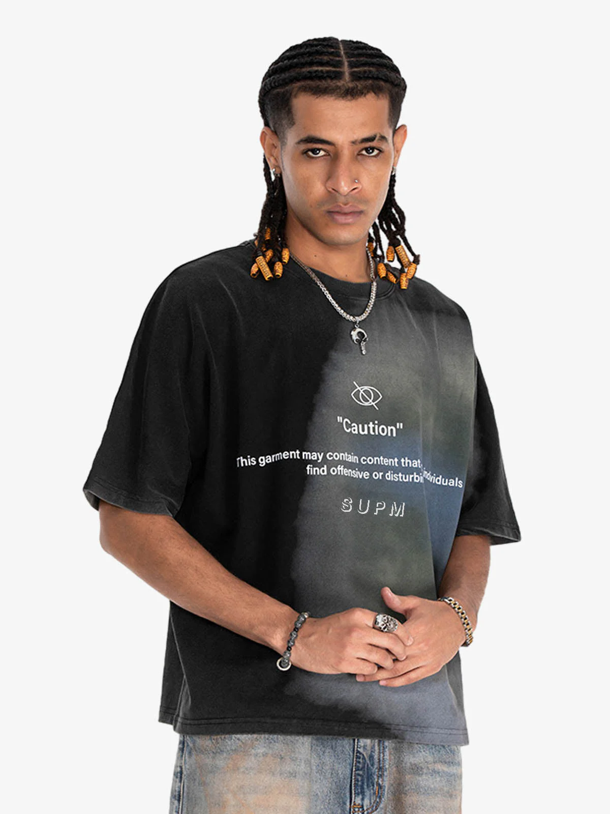 Washed Spray Dye “Caution” Graphic T-Shirt