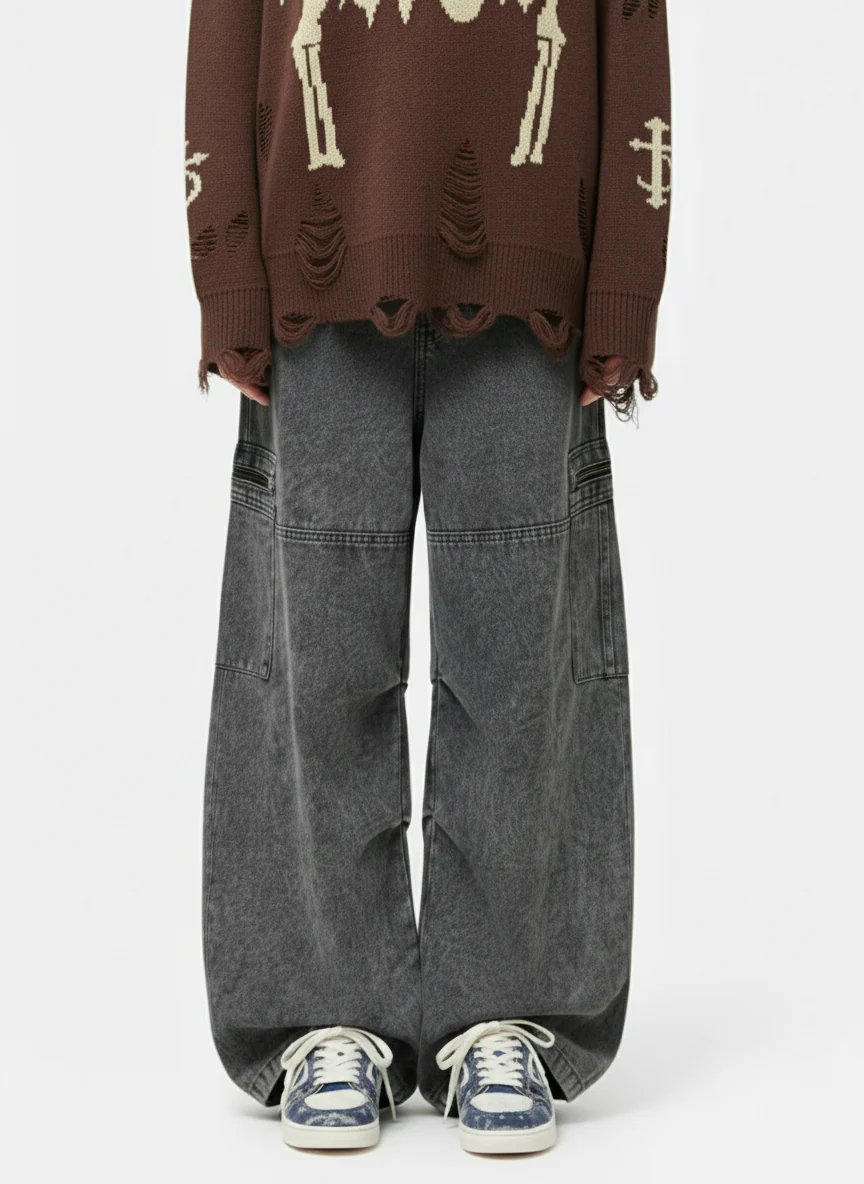 Vintage Acid-Washed Multi-Pocket Wide-Leg Cargo Barrel Jeans