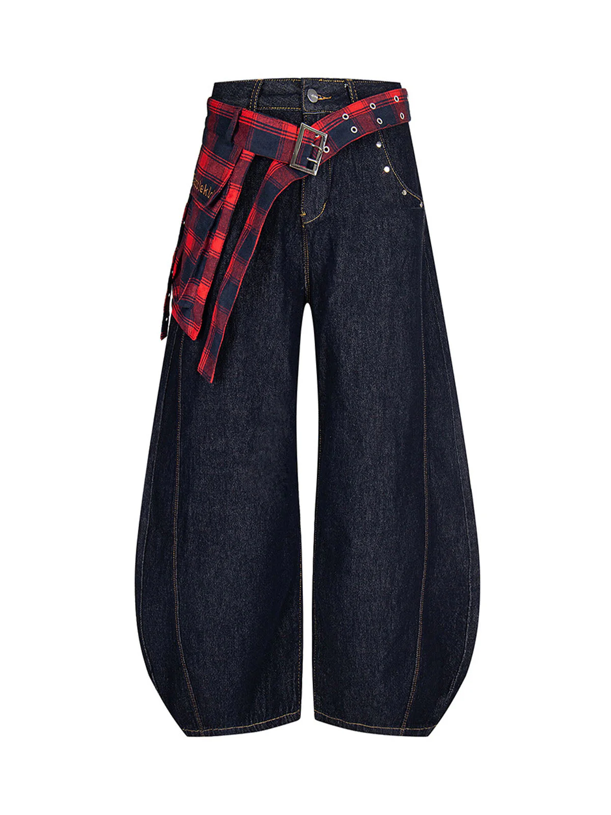 Washed Plaid Belt Barrel Jeans - Image 2