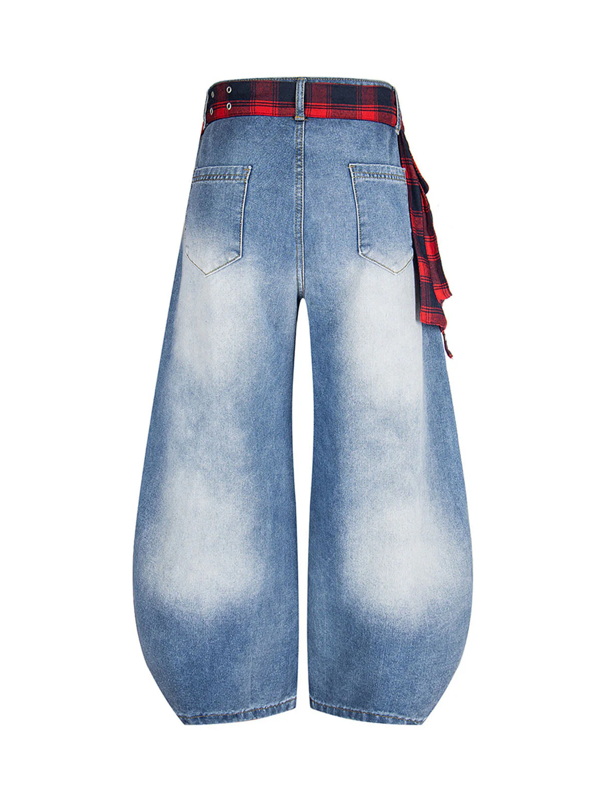 Washed Plaid Belt Barrel Jeans - Image 3