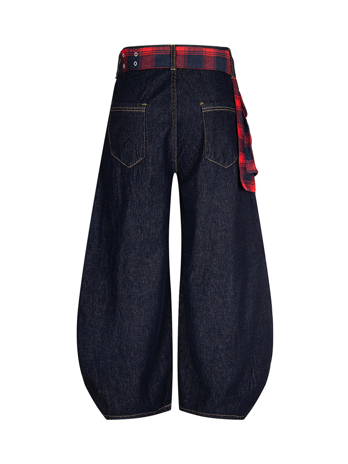 Washed Plaid Belt Barrel Jeans - Image 4