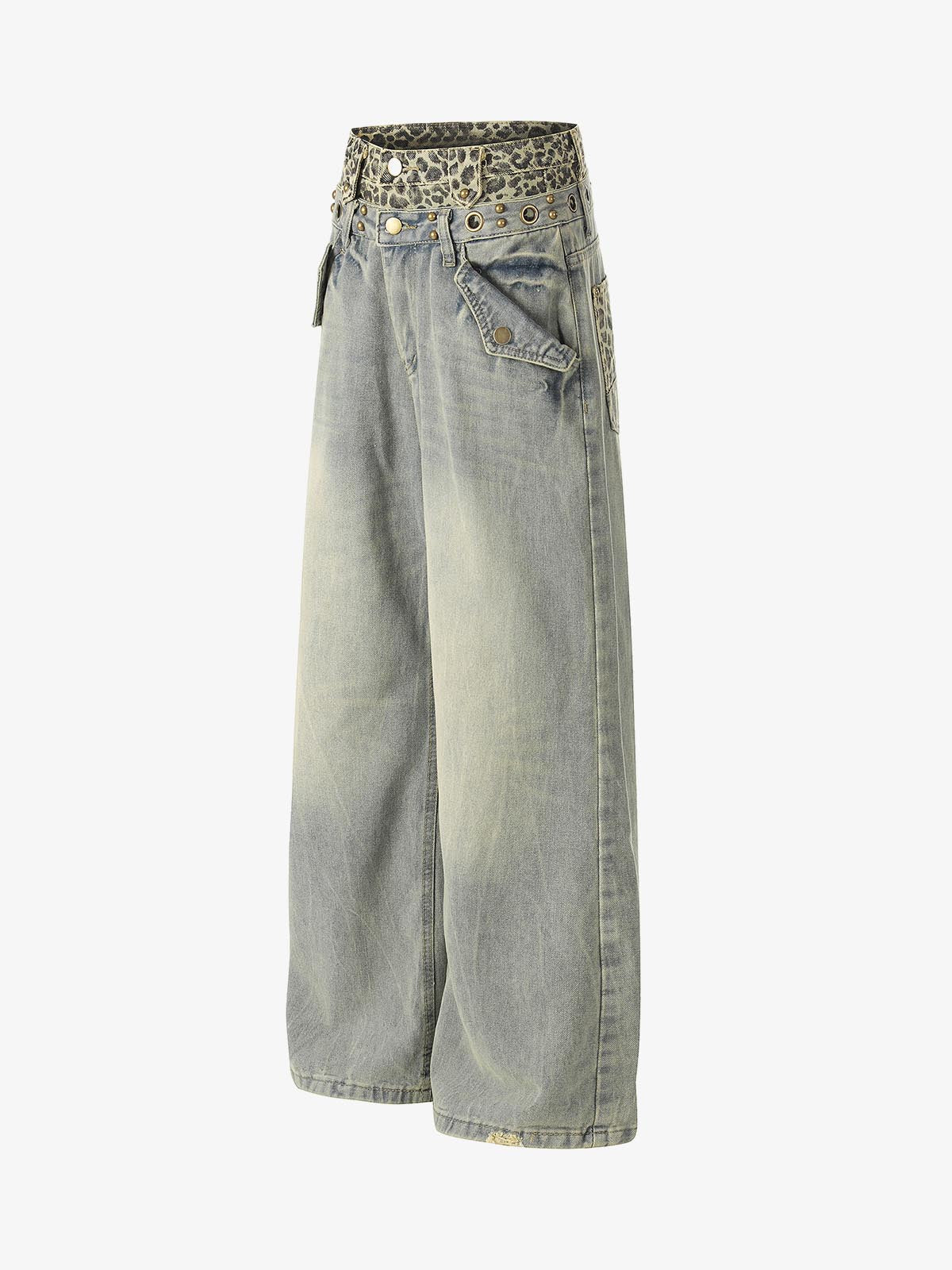 Y2K Double Waistband Leopard Print Wide Leg Jeans - Image 3