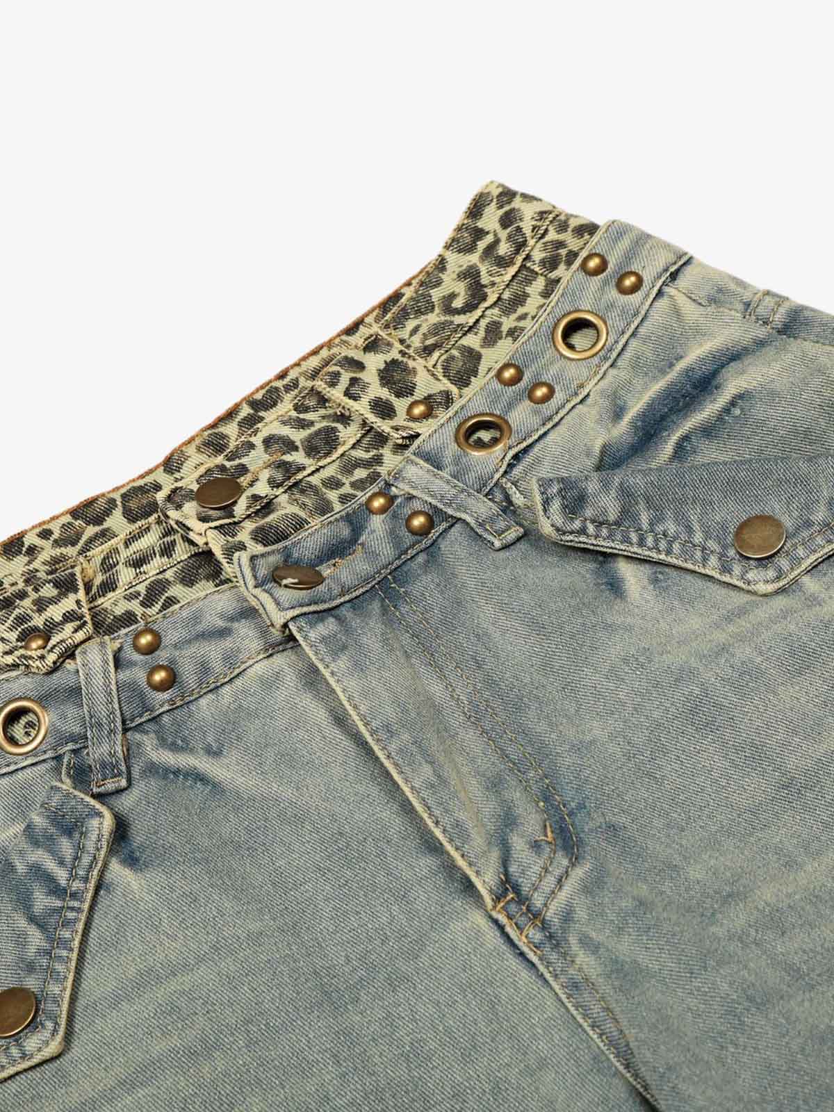 Y2K Double Waistband Leopard Print Wide Leg Jeans - Image 6
